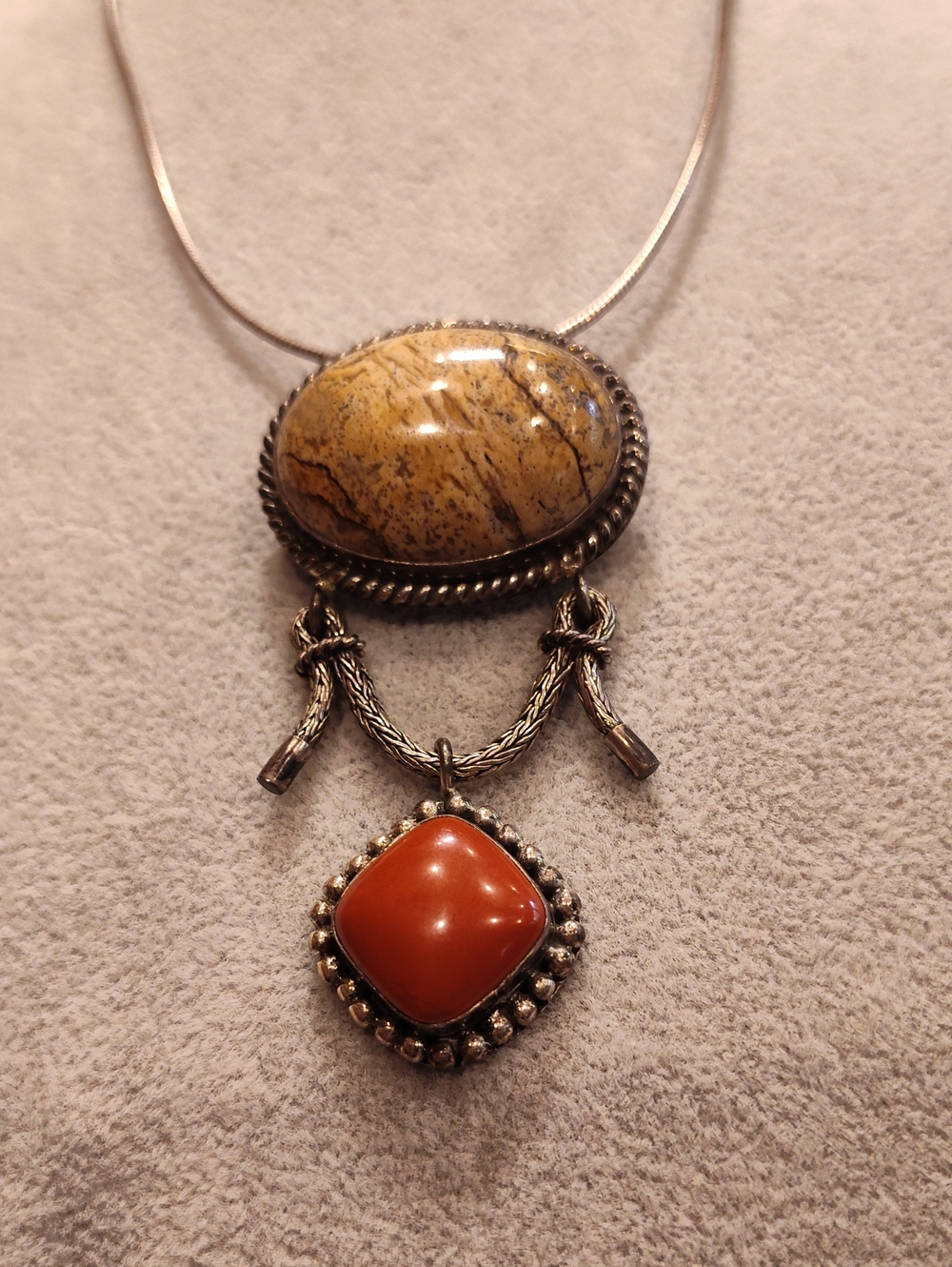 B. A. Suarti Sterling Silver Jasper & Red Agate Pendant Necklace or Brooch